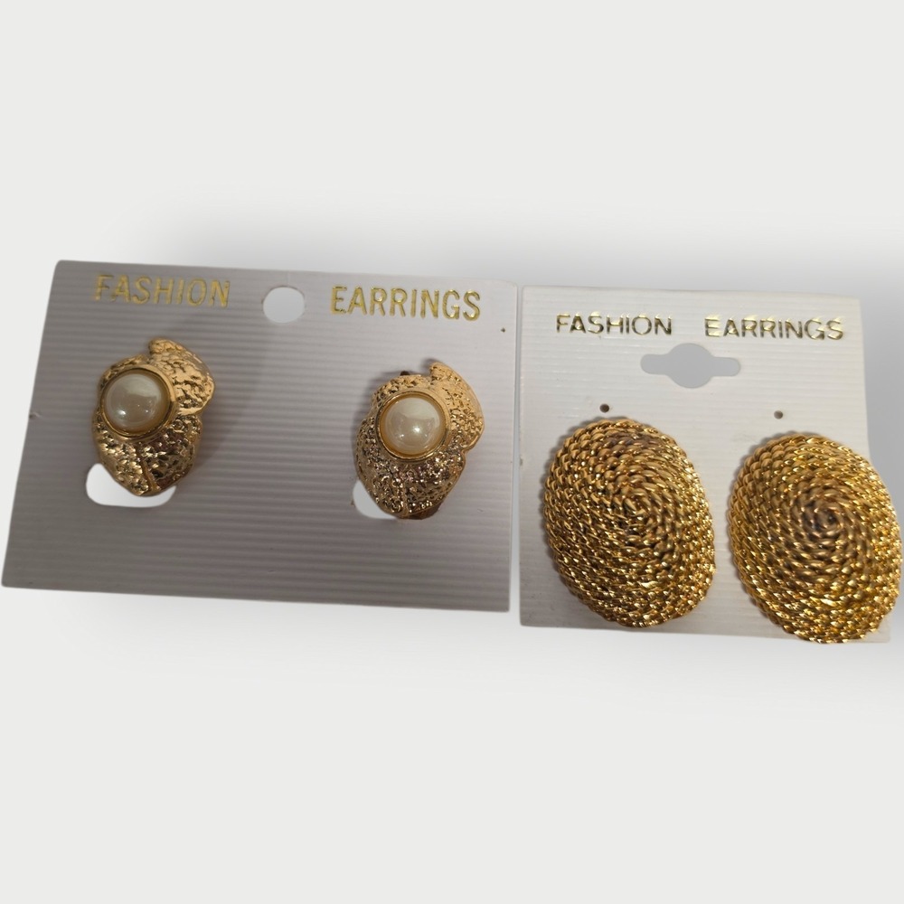 LOT OF 2 Vintage Gold Tone Clip-On Earrings Lot Faux Textured costume jewelry